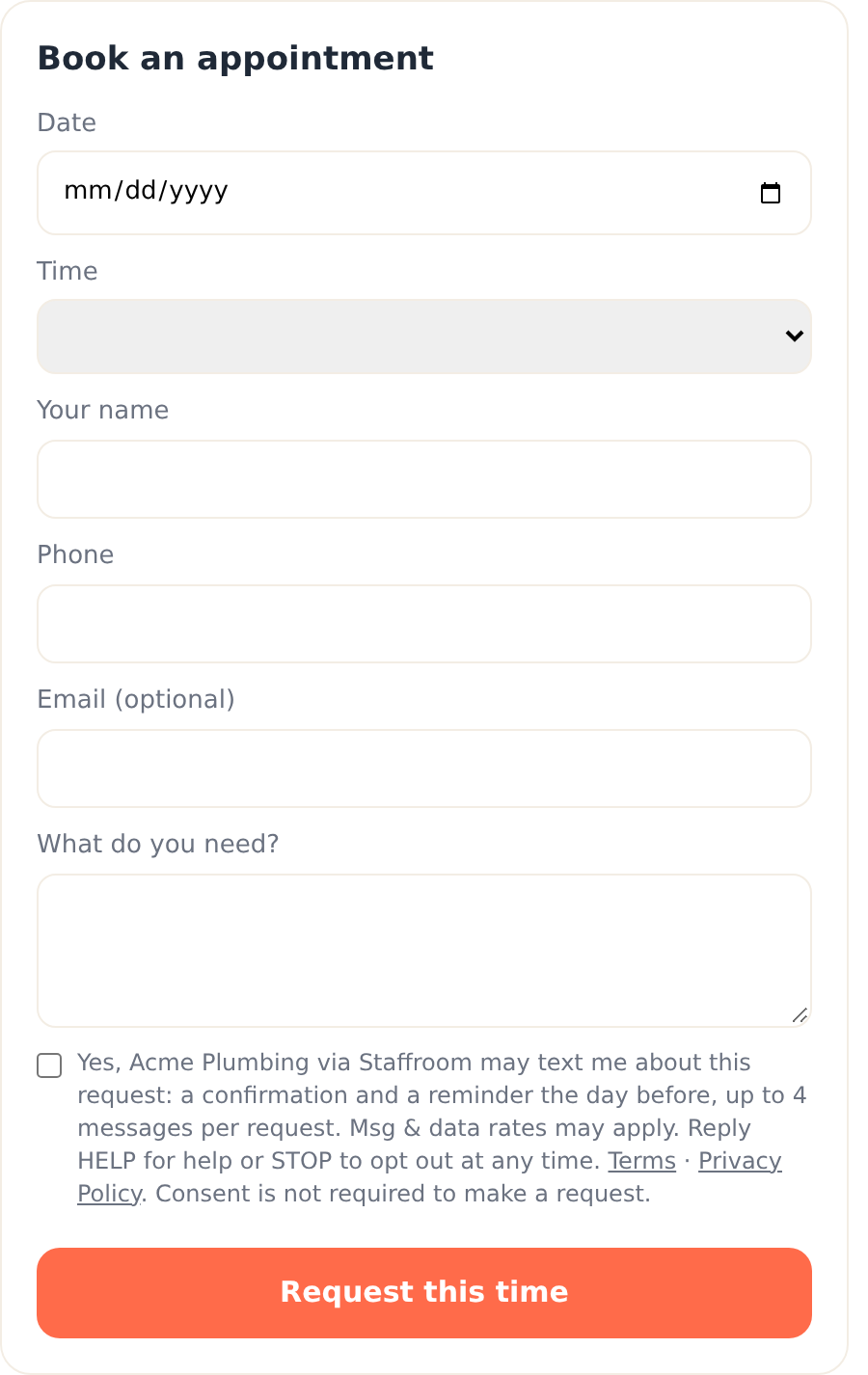 Booking form with the SMS consent checkbox and disclosure